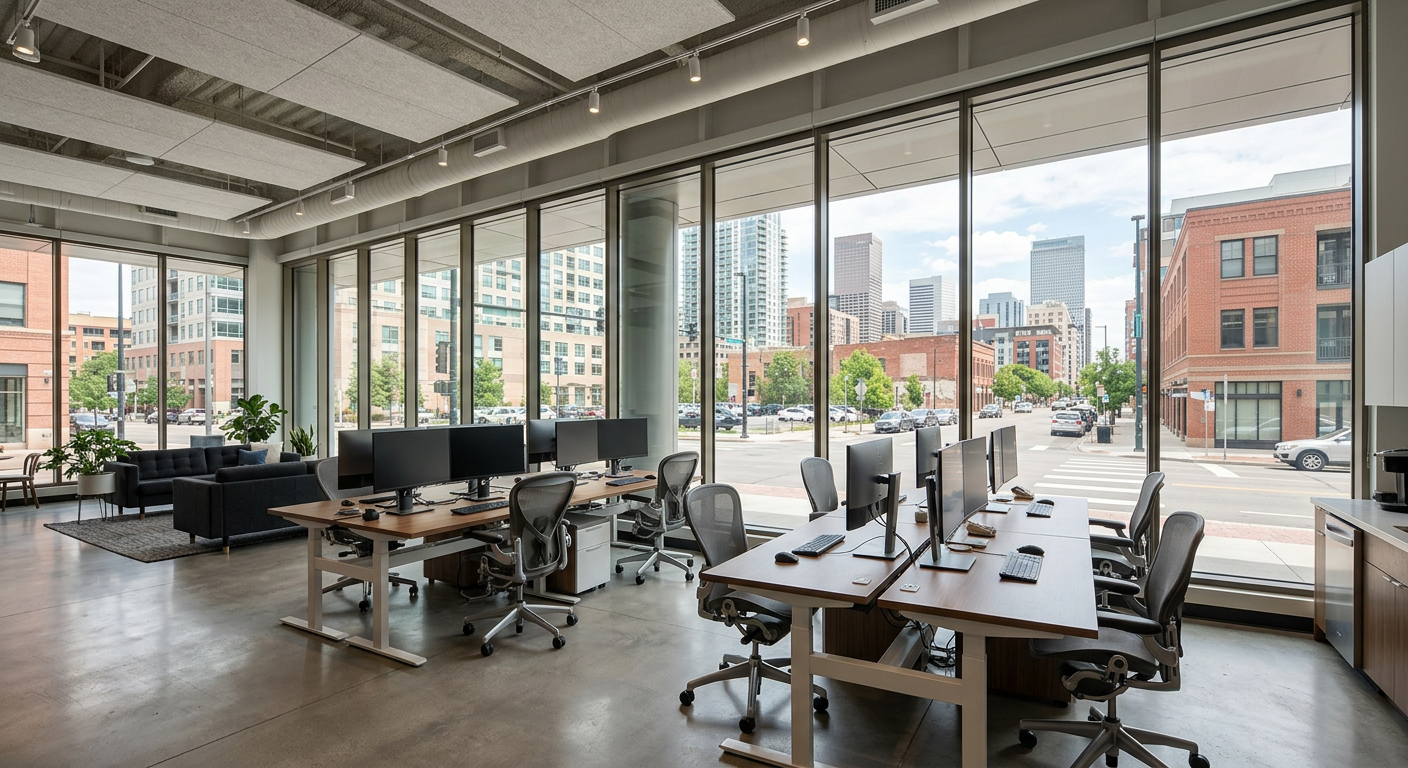 Modern office with a wall of glass windows and even daylight