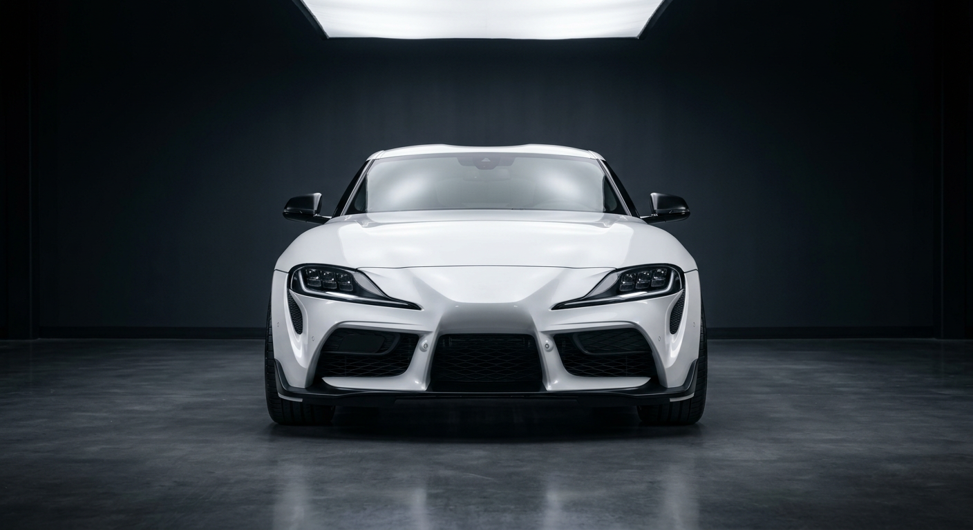 Glossy white sports coupe photographed from the front in a dark studio