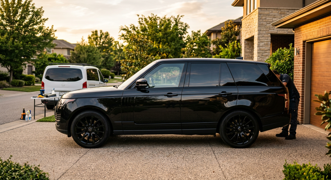 Black luxury SUV with tinted rear windows parked in a driveway at sunset