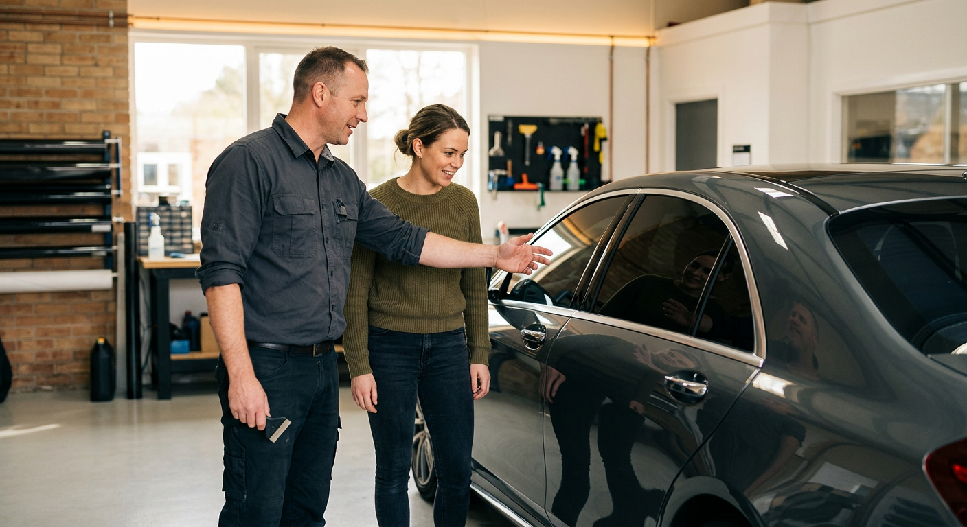 Prime Tint installer reviewing finished window tint with a customer beside a car